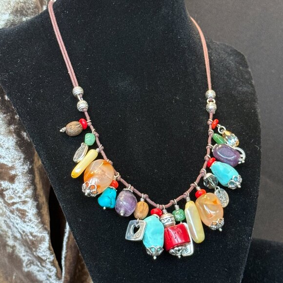 Brighton Imagine Charm Necklace Corded Suede Turquoise Coral MOP Peace Love - Picture 2 of 8